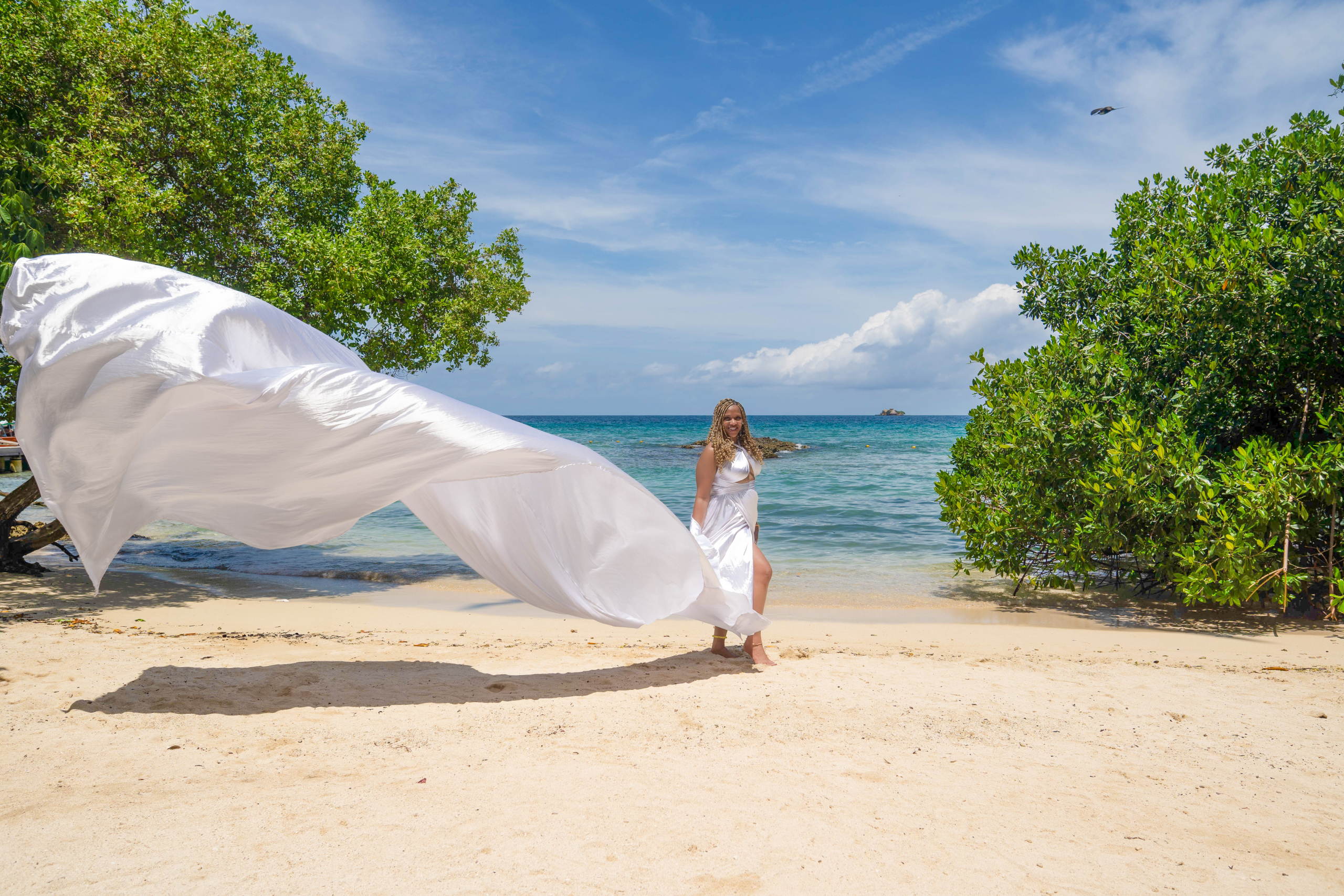 Flying dress session at Manzanillo Beach, Cartagena