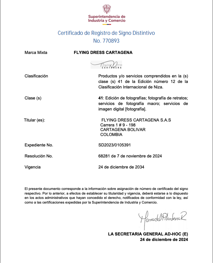 Flying Dress Cartagena® Registered Trademark Certificate
