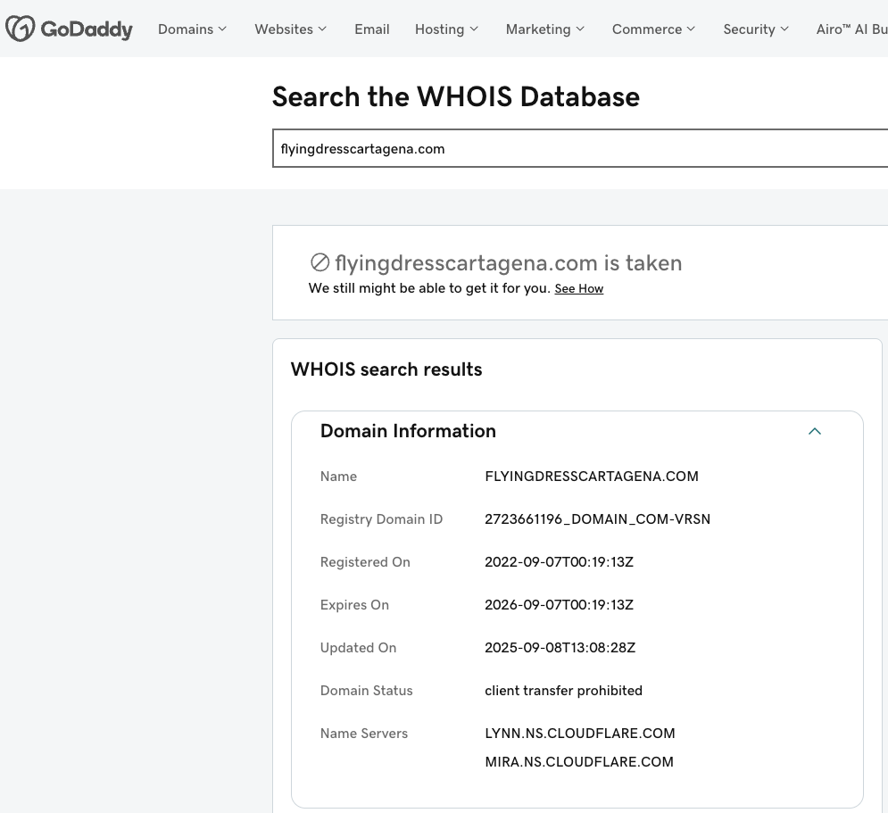 flyingdresscartagena.com WHOIS record showing 2022 registration