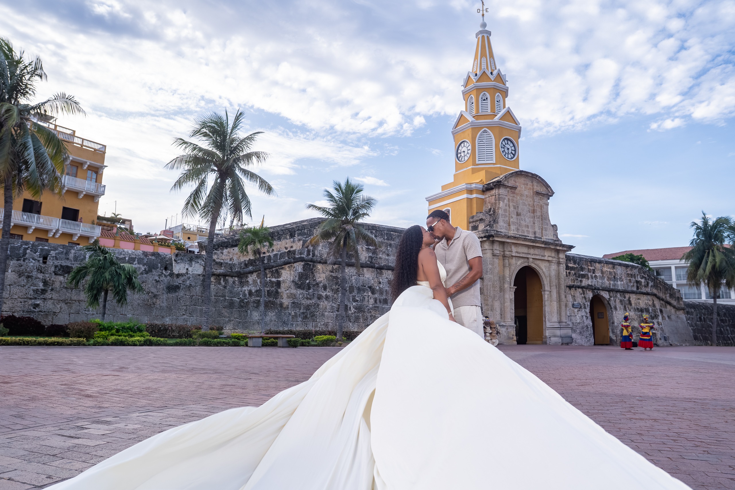 Couple flying dress photoshoot at the Clock Tower in Cartagena